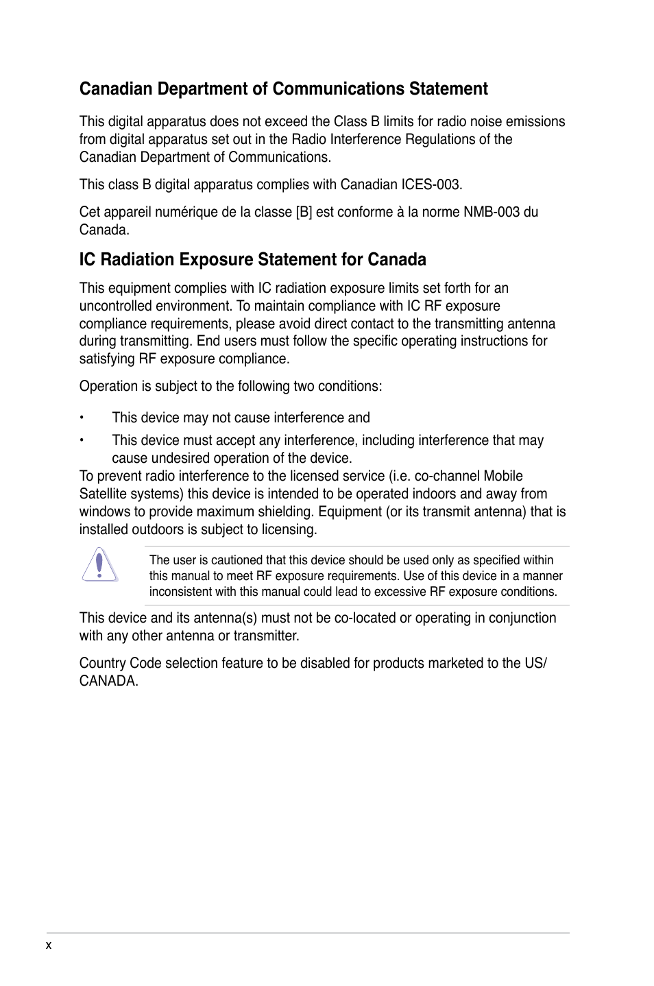 Ic radiation exposure statement for canada, Ic.radiation.exposure.statement.for.canada | Asus Crosshair V Formula/ThunderBolt User Manual | Page 10 / 193