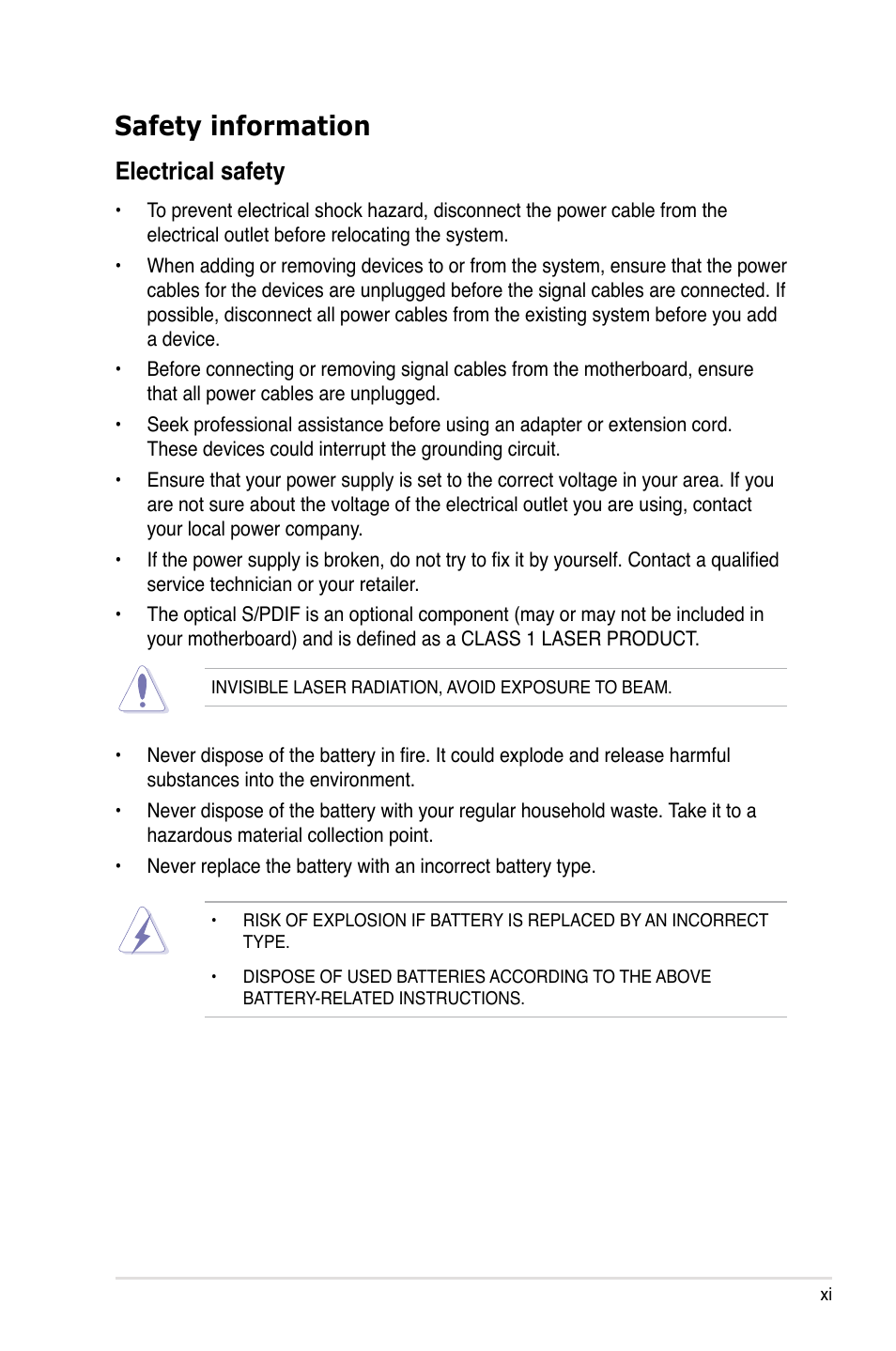 Safety information, Electrical.safety | Asus Crosshair V Formula/ThunderBolt User Manual | Page 11 / 193