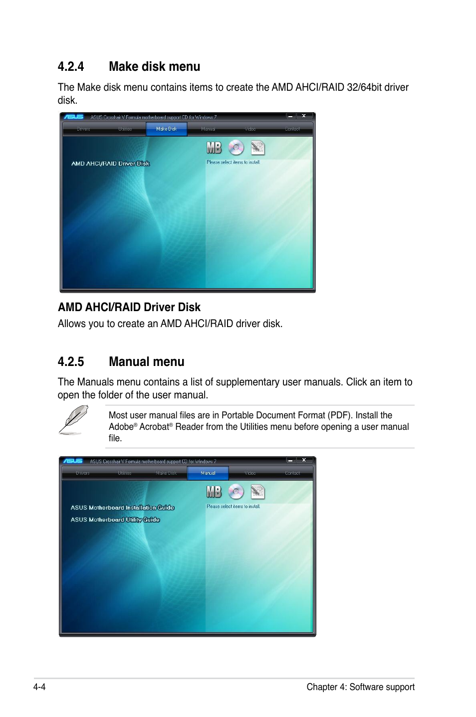 Make.disk.menu, Manual.menu, Amd.ahci/raid.driver.disk | Asus Crosshair V Formula/ThunderBolt User Manual | Page 138 / 193