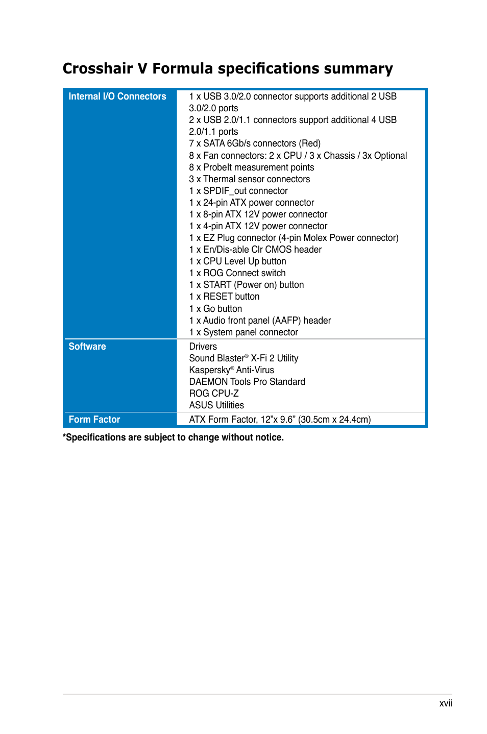 Crosshair v formula specifications summary | Asus Crosshair V Formula/ThunderBolt User Manual | Page 17 / 193