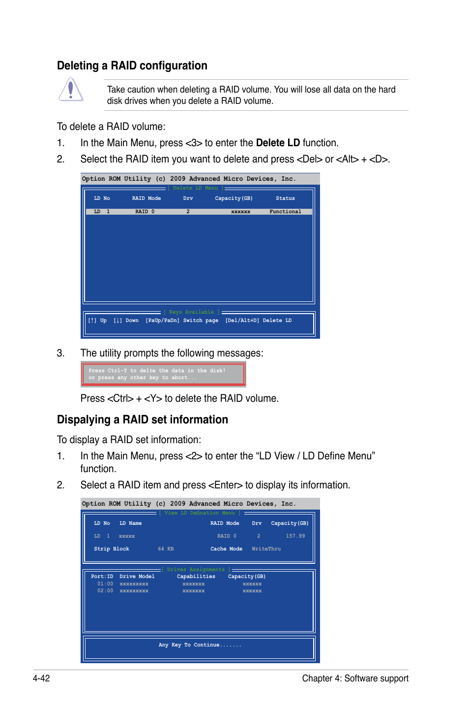 Deleting a raid configuration, Dispalying.a.raid.set.information, 42 chapter 4: software support | Asus Crosshair V Formula/ThunderBolt User Manual | Page 176 / 193