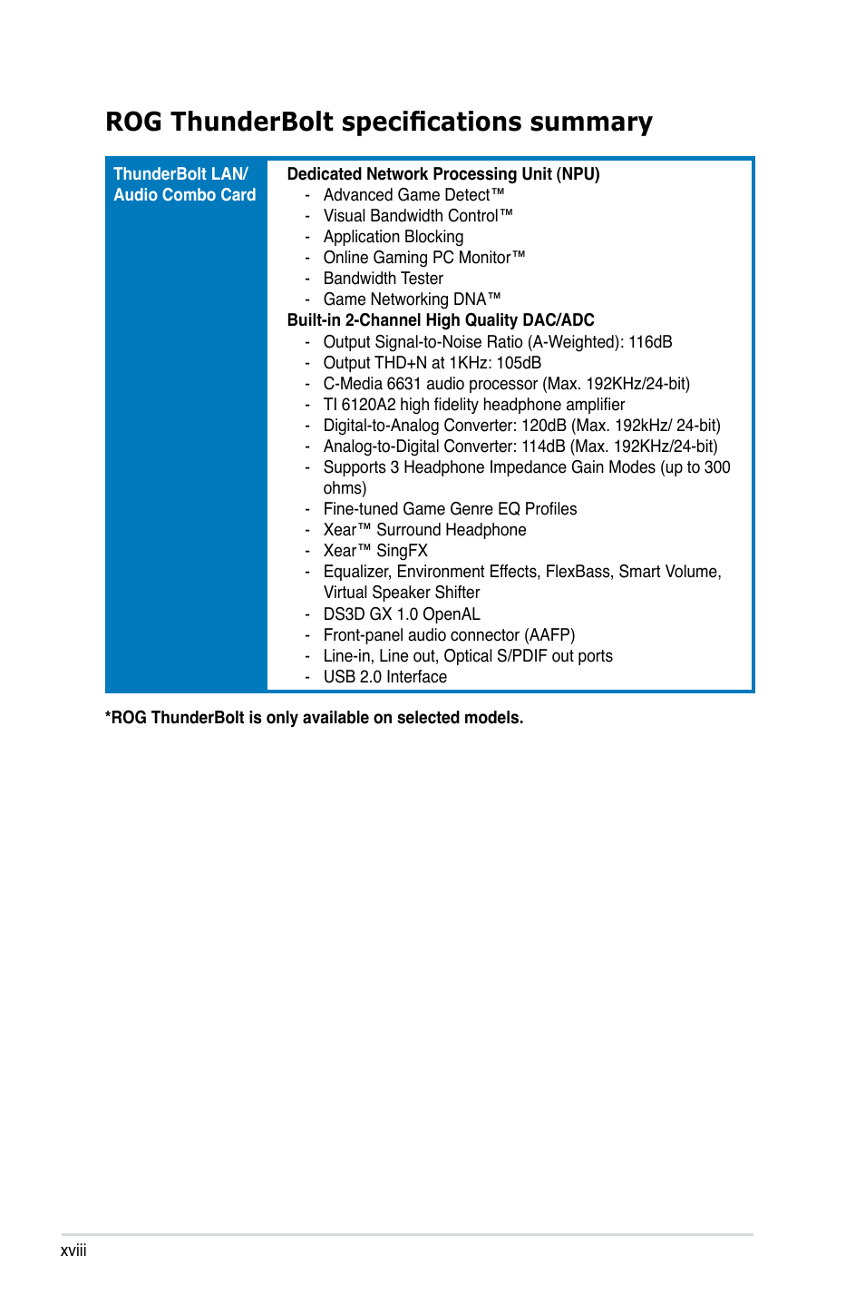 Rog thunderbolt specifications summary | Asus Crosshair V Formula/ThunderBolt User Manual | Page 18 / 193