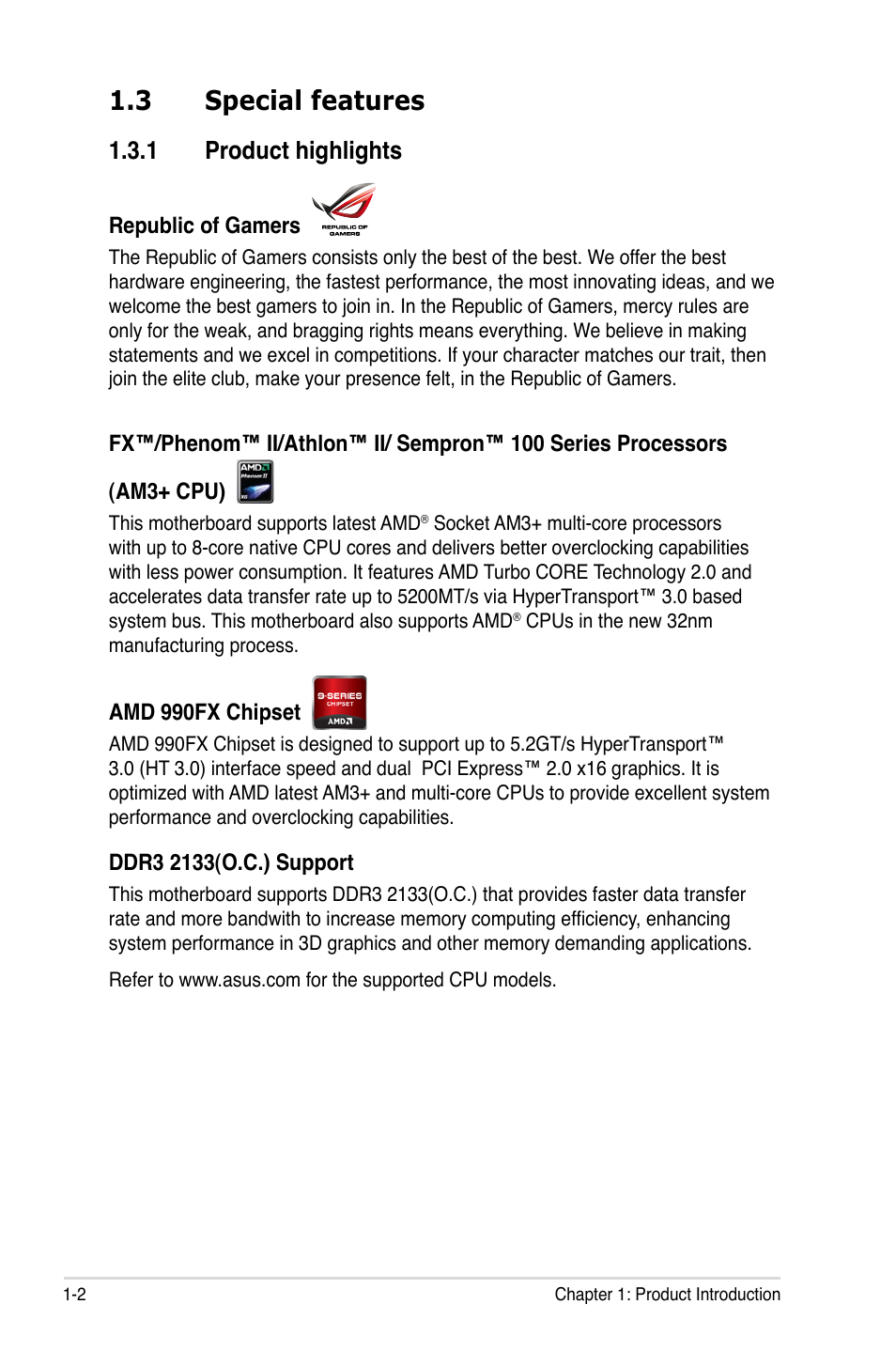 3 special features, Product.highlights | Asus Crosshair V Formula/ThunderBolt User Manual | Page 22 / 193