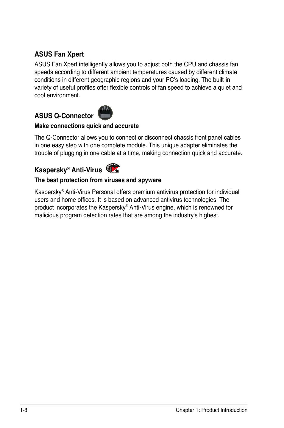 Asus.fan.xpert, Asus.q-connector, Kaspersky | Anti-virus | Asus Crosshair V Formula/ThunderBolt User Manual | Page 28 / 193