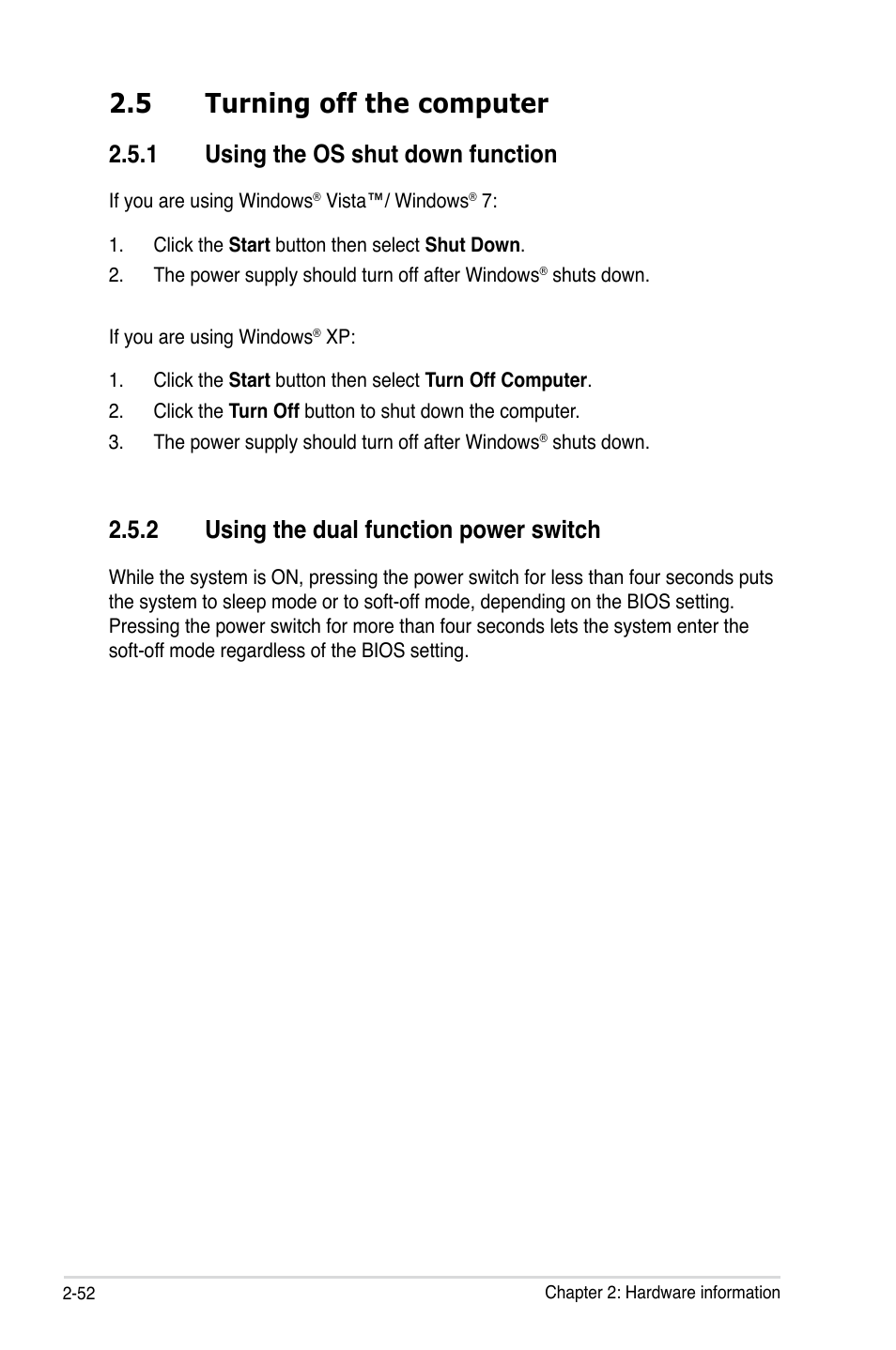 5 turning off the computer, Using.the.os.shut.down.function, Using.the.dual.function.power.switch | Asus Crosshair V Formula/ThunderBolt User Manual | Page 82 / 193