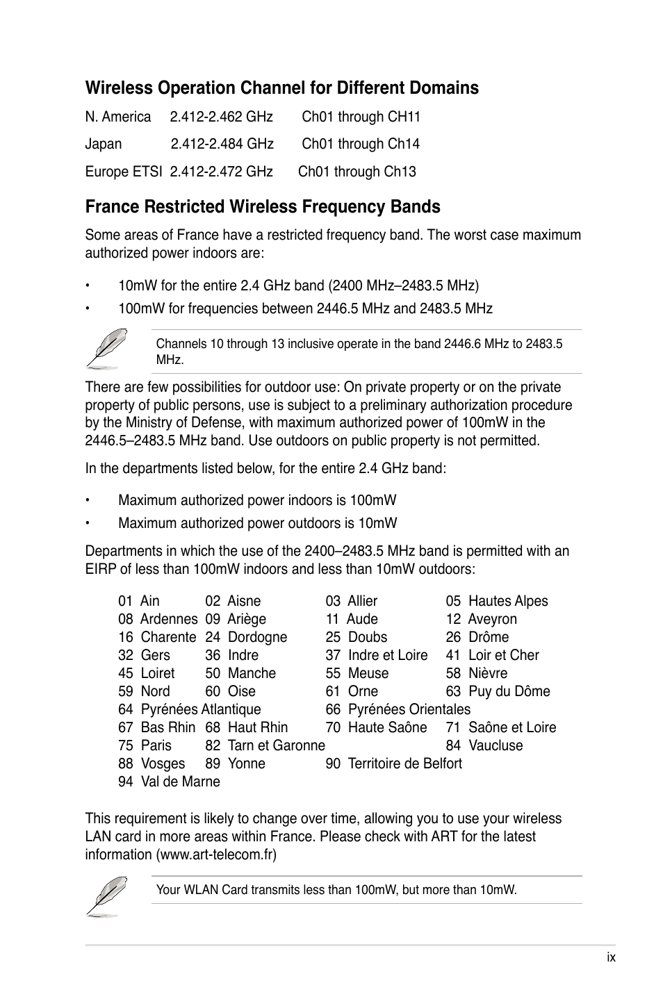 Wireless operation channel for different domains, France restricted wireless frequency bands, Wireless.operation.channel.for.different.domains | France.restricted.wireless.frequency.bands | Asus Crosshair V Formula/ThunderBolt User Manual | Page 9 / 193