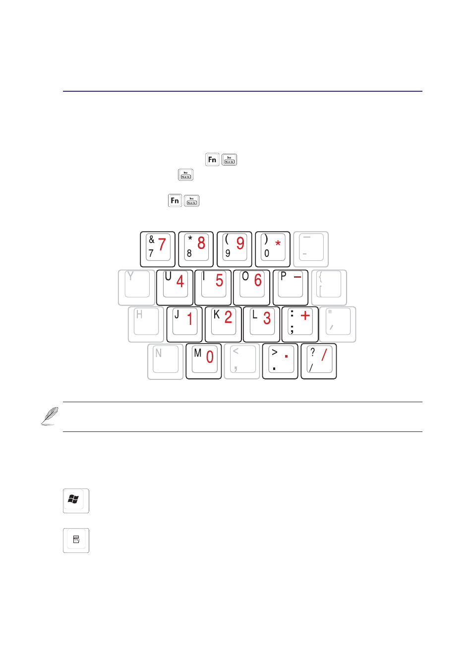 Keyboard as a numeric keypad, Microsoft windows™ keys | Asus M3NP User Manual | Page 33 / 68