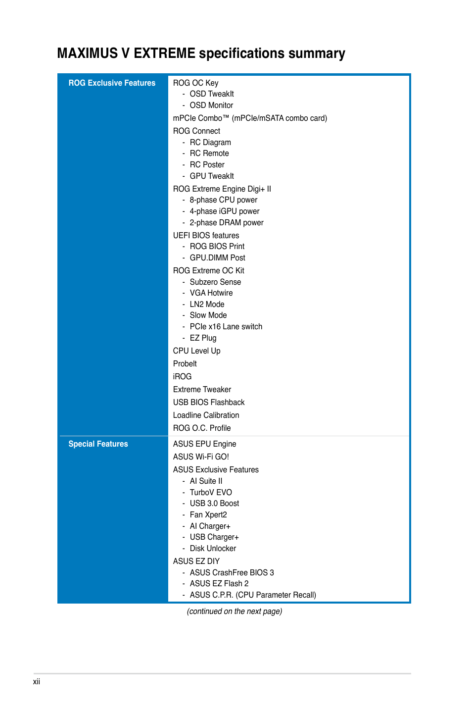 Maximus v extreme specifications summary | Asus MAXIMUS V EXTREME User Manual | Page 12 / 230