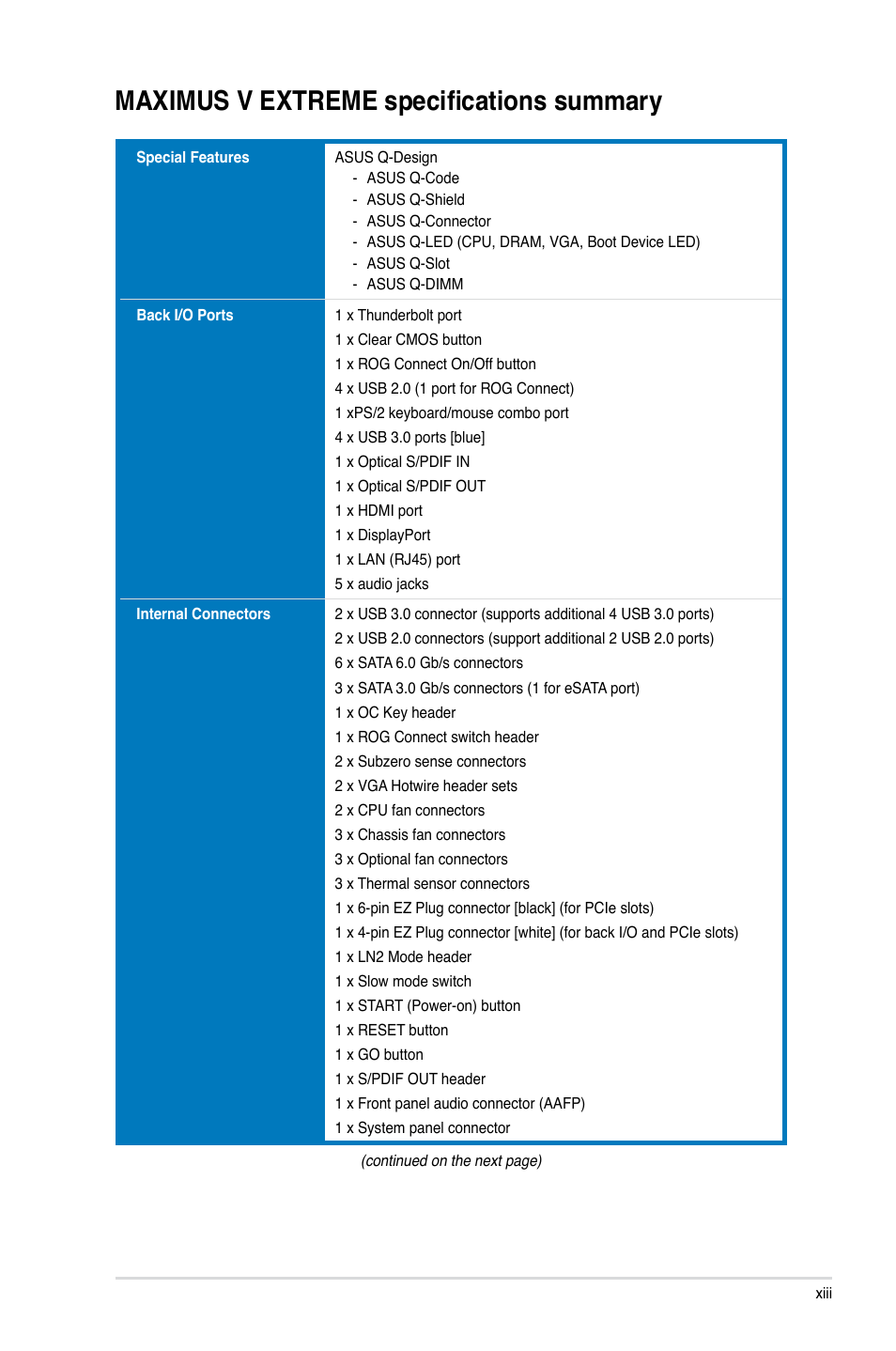 Maximus v extreme specifications summary | Asus MAXIMUS V EXTREME User Manual | Page 13 / 230