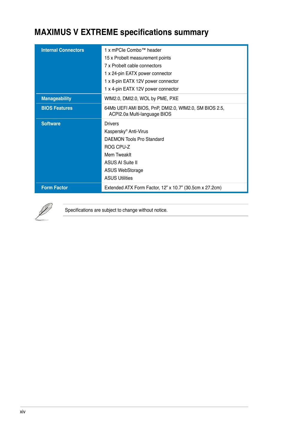 Maximus v extreme specifications summary | Asus MAXIMUS V EXTREME User Manual | Page 14 / 230