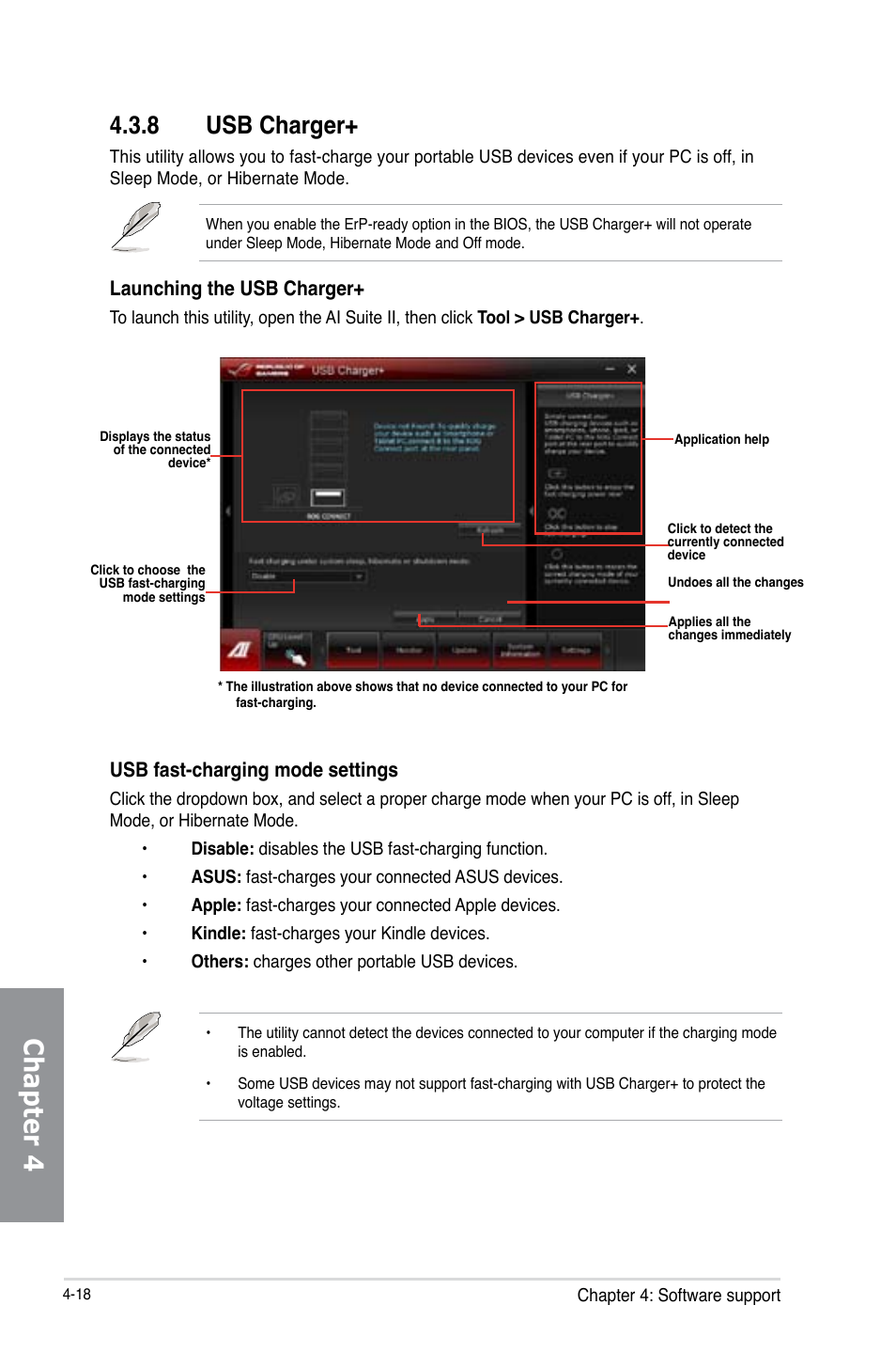 8 usb charger, Usb charger+ -18, Chapter 4 | Launching the usb charger, Usb fast-charging mode settings | Asus MAXIMUS V EXTREME User Manual | Page 168 / 230