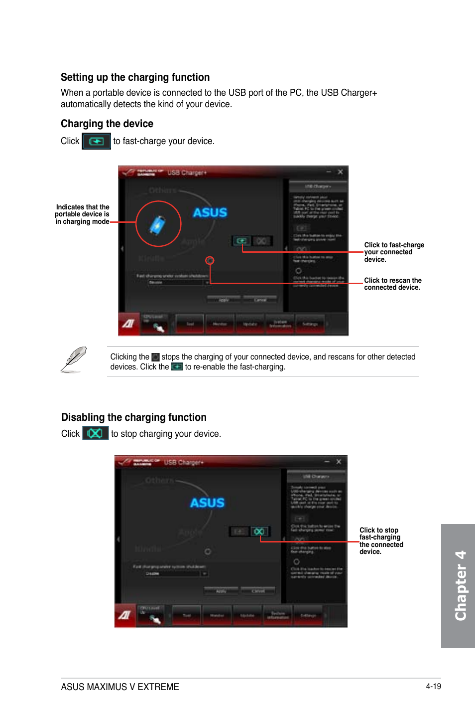 Chapter 4, Setting up the charging function, Charging the device | Disabling the charging function | Asus MAXIMUS V EXTREME User Manual | Page 169 / 230