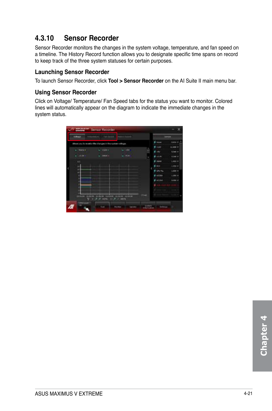 10 sensor recorder, Sensor recorder -21, Chapter 4 | Asus MAXIMUS V EXTREME User Manual | Page 171 / 230