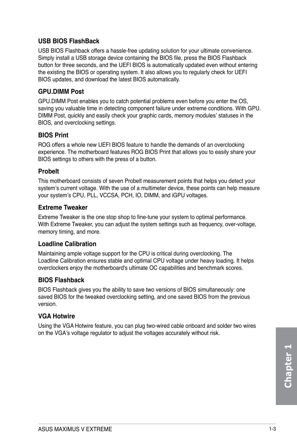 Chapter 1 | Asus MAXIMUS V EXTREME User Manual | Page 19 / 230