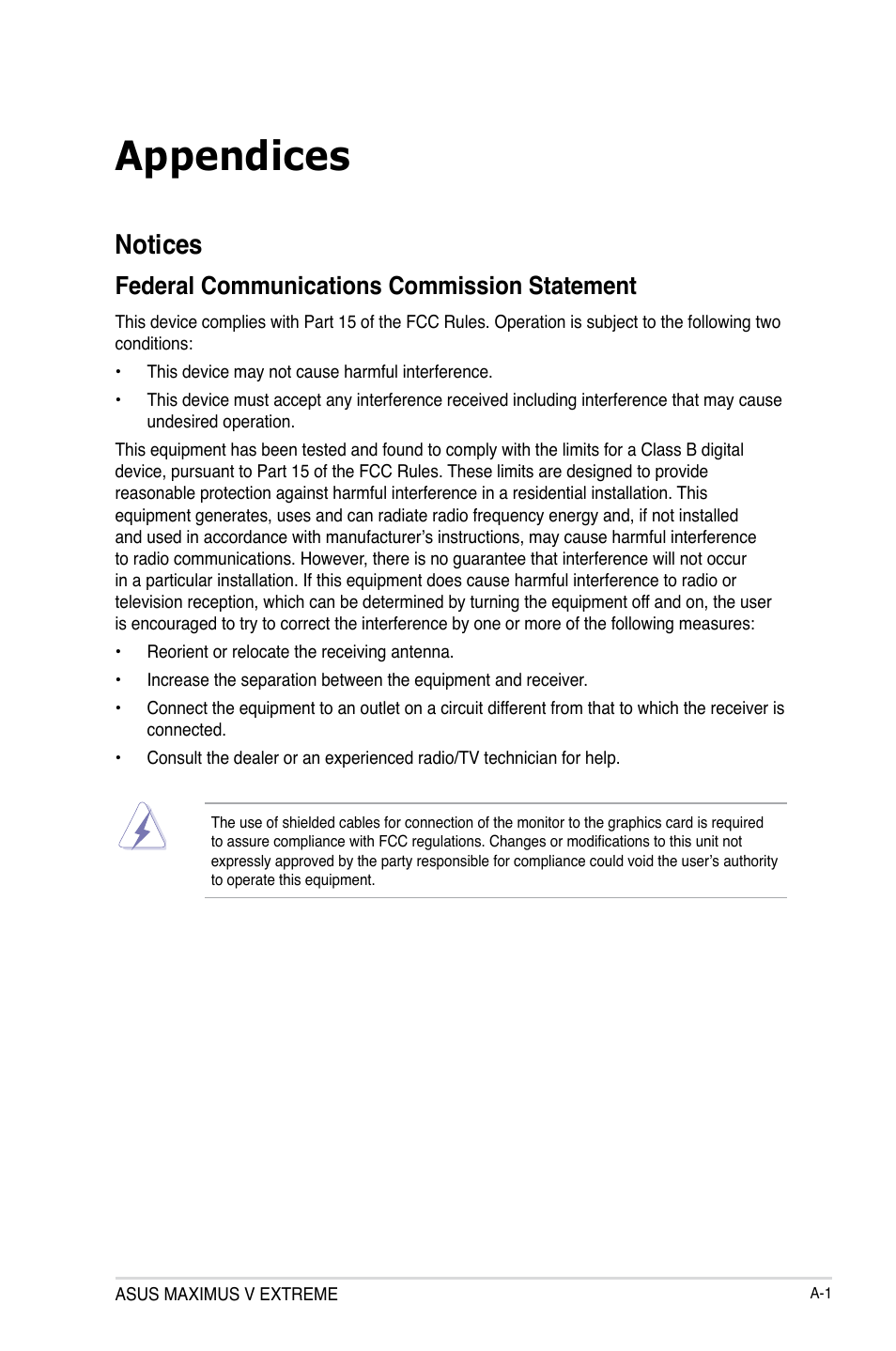 Appendices, Notices, Federal communications commission statement | Asus MAXIMUS V EXTREME User Manual | Page 223 / 230