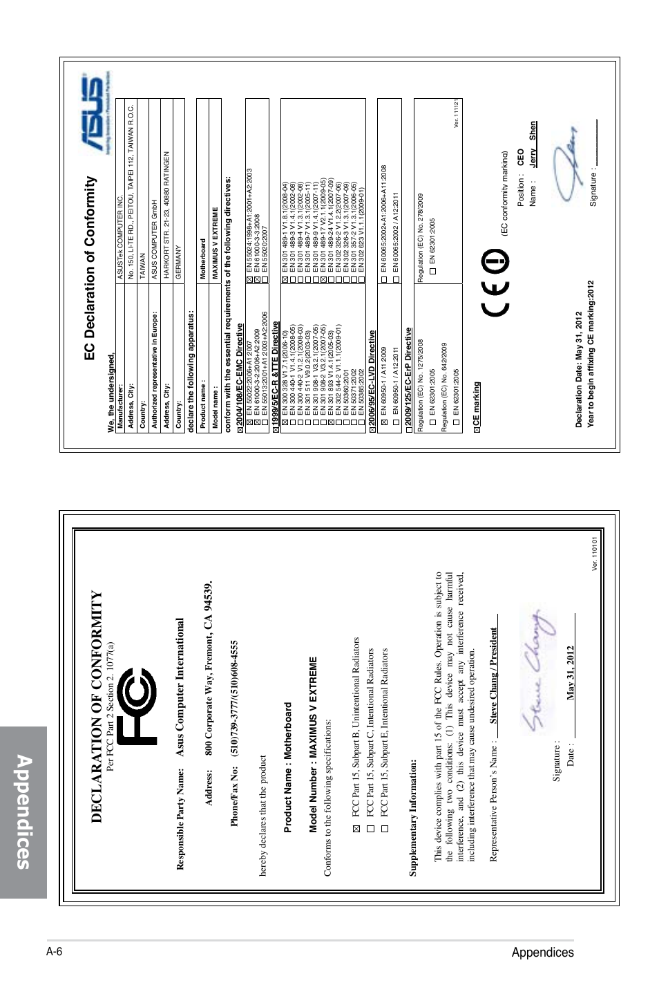 Declaration of conformity, Appendices, Ec declaration of conformity | As us c om pu te r i nt er na tio na l | Asus MAXIMUS V EXTREME User Manual | Page 228 / 230