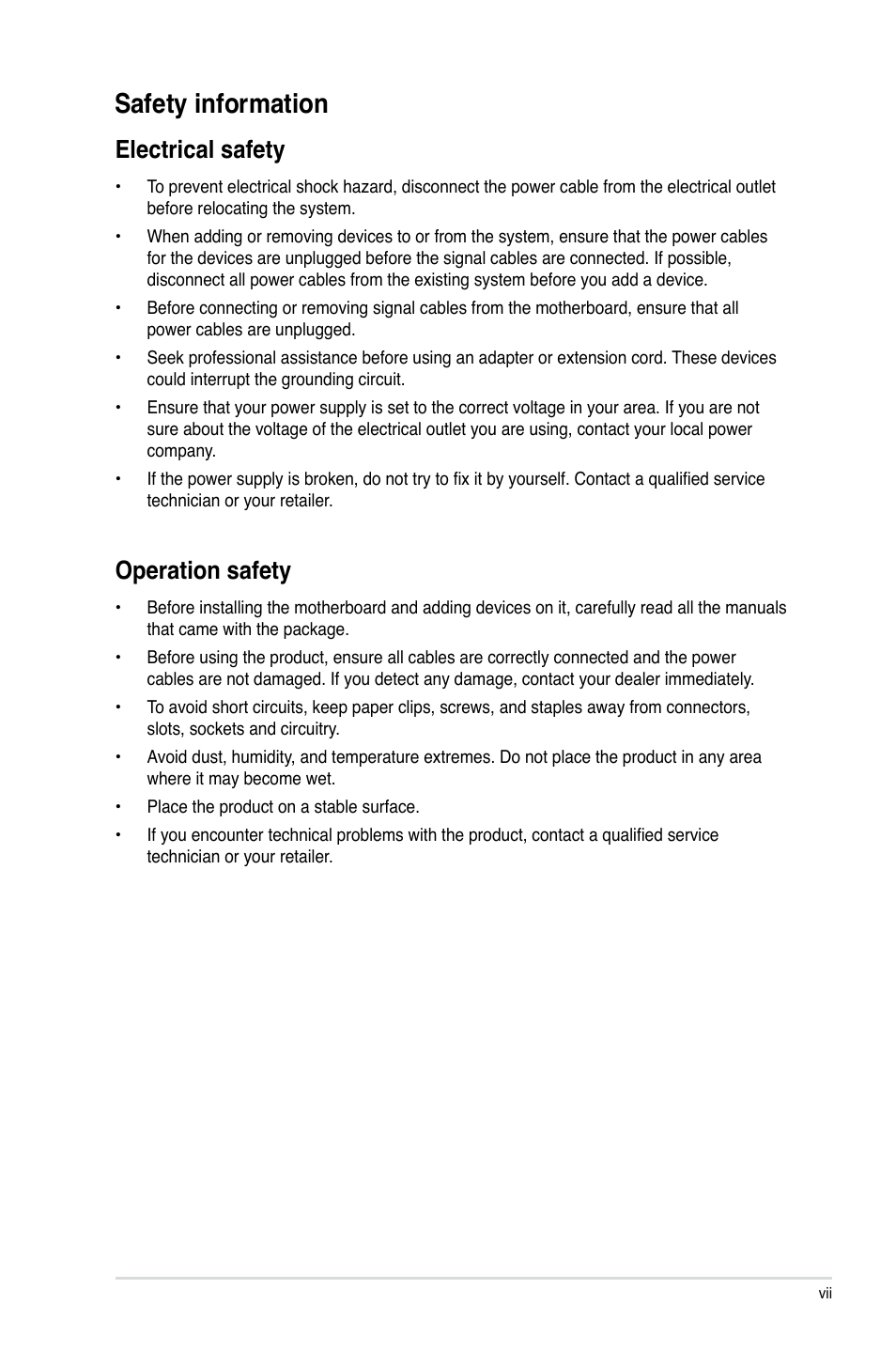 Safety information, Electrical safety, Operation safety | Asus MAXIMUS V EXTREME User Manual | Page 7 / 230