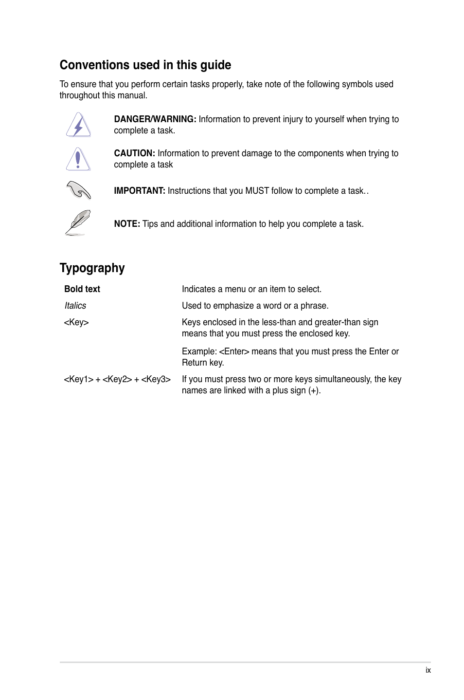 Conventions used in this guide, Typography | Asus MAXIMUS V EXTREME User Manual | Page 9 / 230