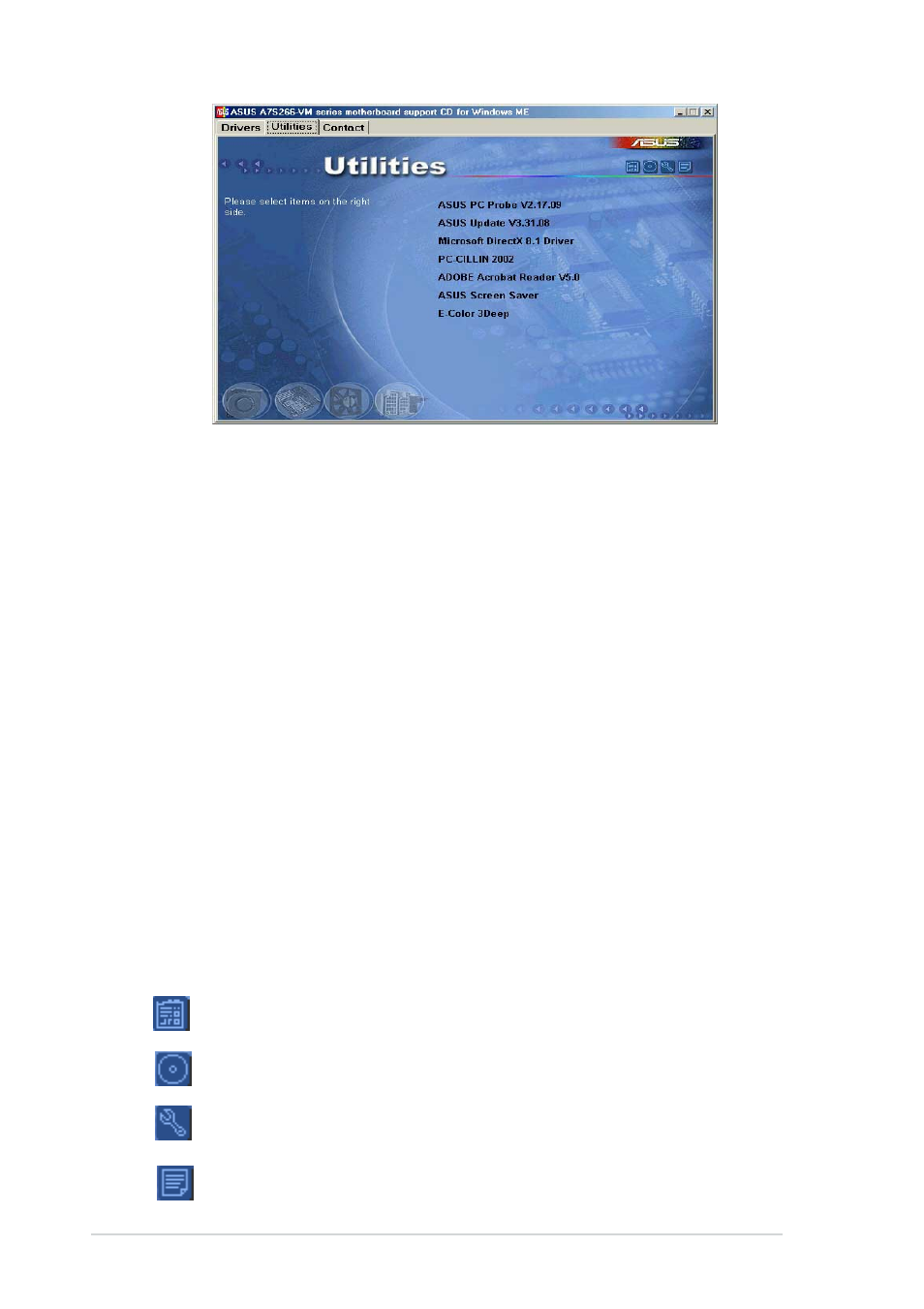 Microsoft directx 8.1 driver, Adobe acrobat reader v5.0, Asus screen saver | E-color 3deep | Asus A7S266-VM/U2 User Manual | Page 58 / 63