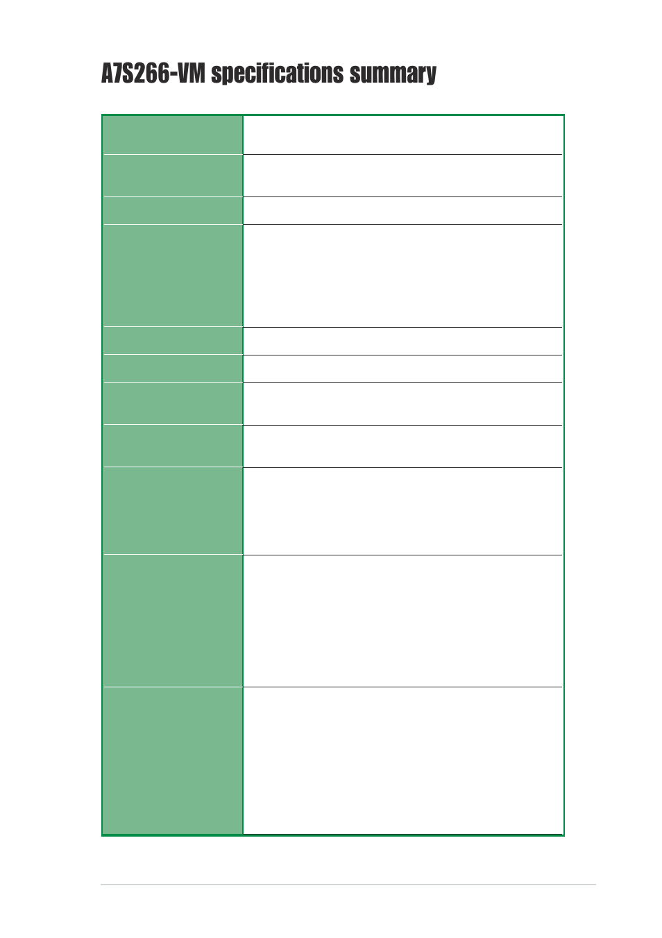 A7s266-vm specifications summary | Asus A7S266-VM/U2 User Manual | Page 9 / 63