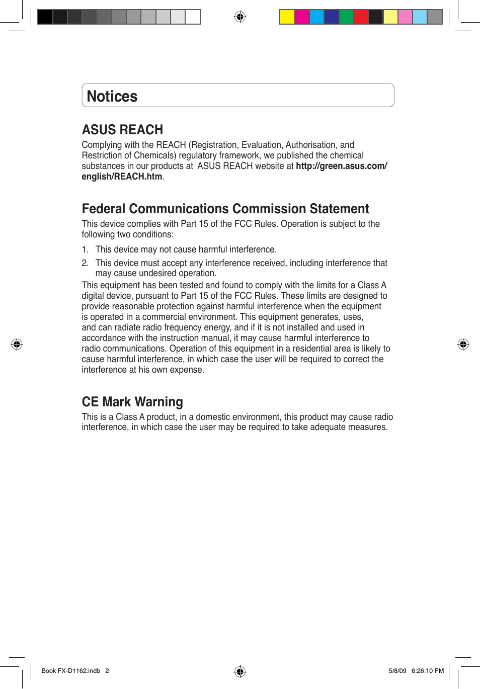 Notices, Asus reach, Federal communications commission statement | Ce mark warning | Asus FX-D1162 User Manual | Page 2 / 103