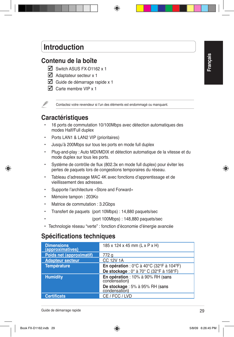 Introduction, Contenu de la boîte, Caractéristiques | Spécifications techniques | Asus FX-D1162 User Manual | Page 29 / 103