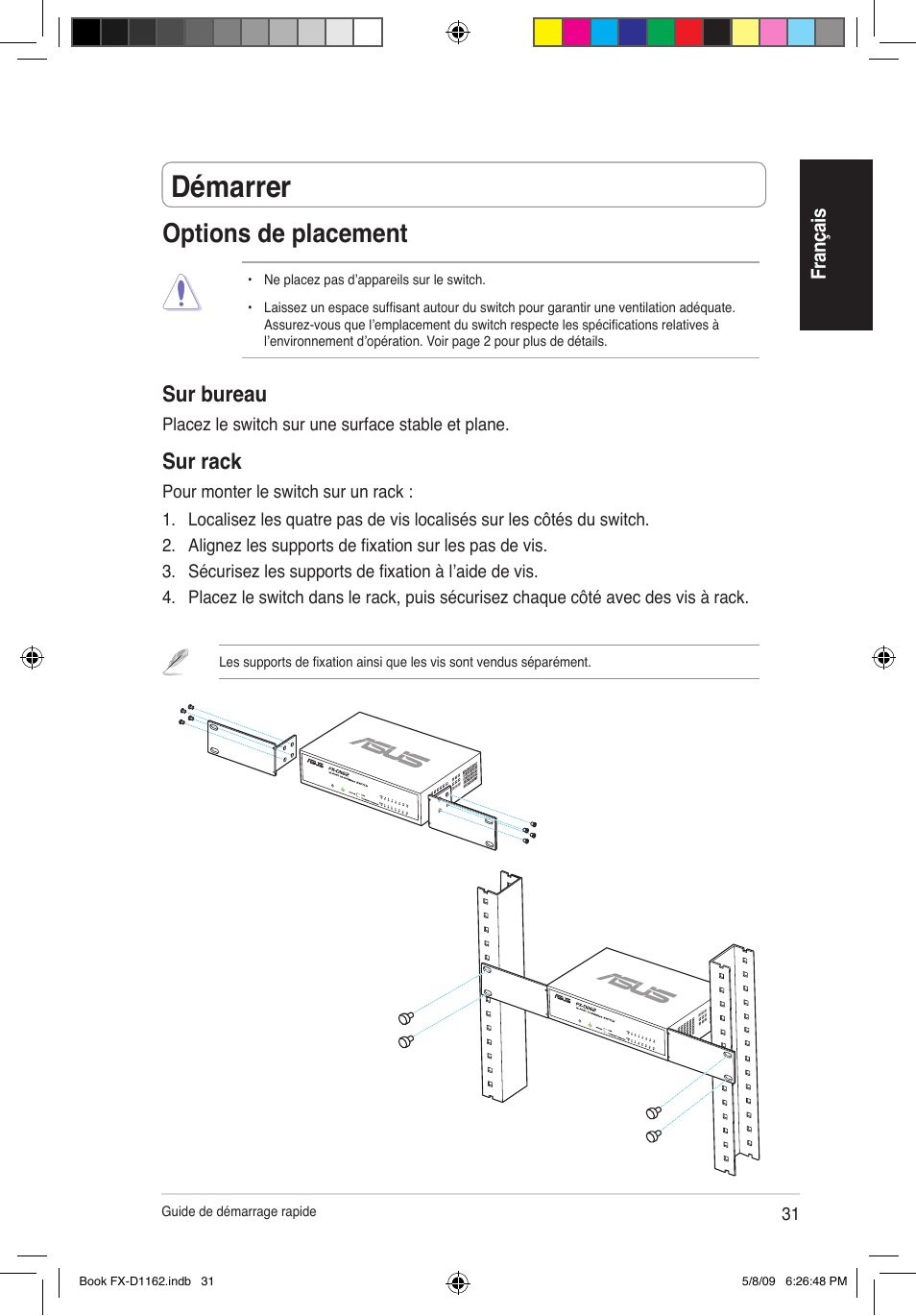 Démarrer, Options de placement, Sur bureau | Sur rack | Asus FX-D1162 User Manual | Page 31 / 103