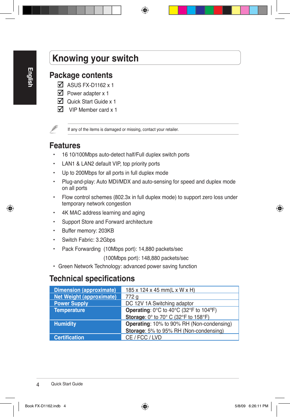 Knowing your switch, Package contents, Features | Technical specifications | Asus FX-D1162 User Manual | Page 4 / 103