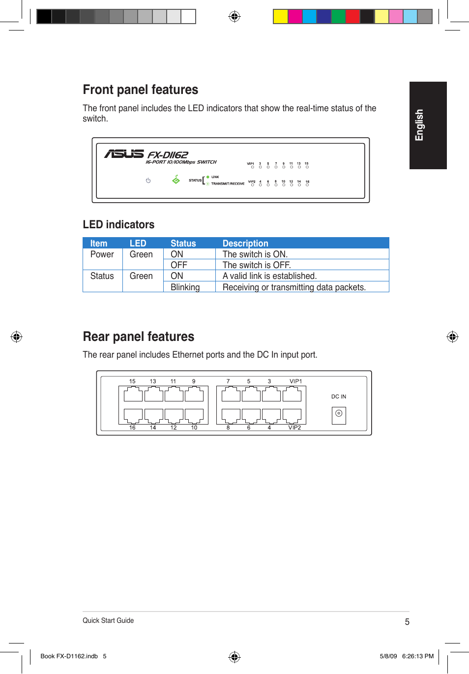 Front panel features, Rear panel features, Led indicators | Asus FX-D1162 User Manual | Page 5 / 103