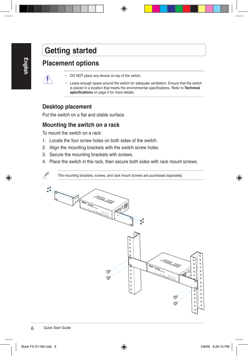 Getting started, Placement options, Desktop placement | Mounting the switch on a rack | Asus FX-D1162 User Manual | Page 6 / 103