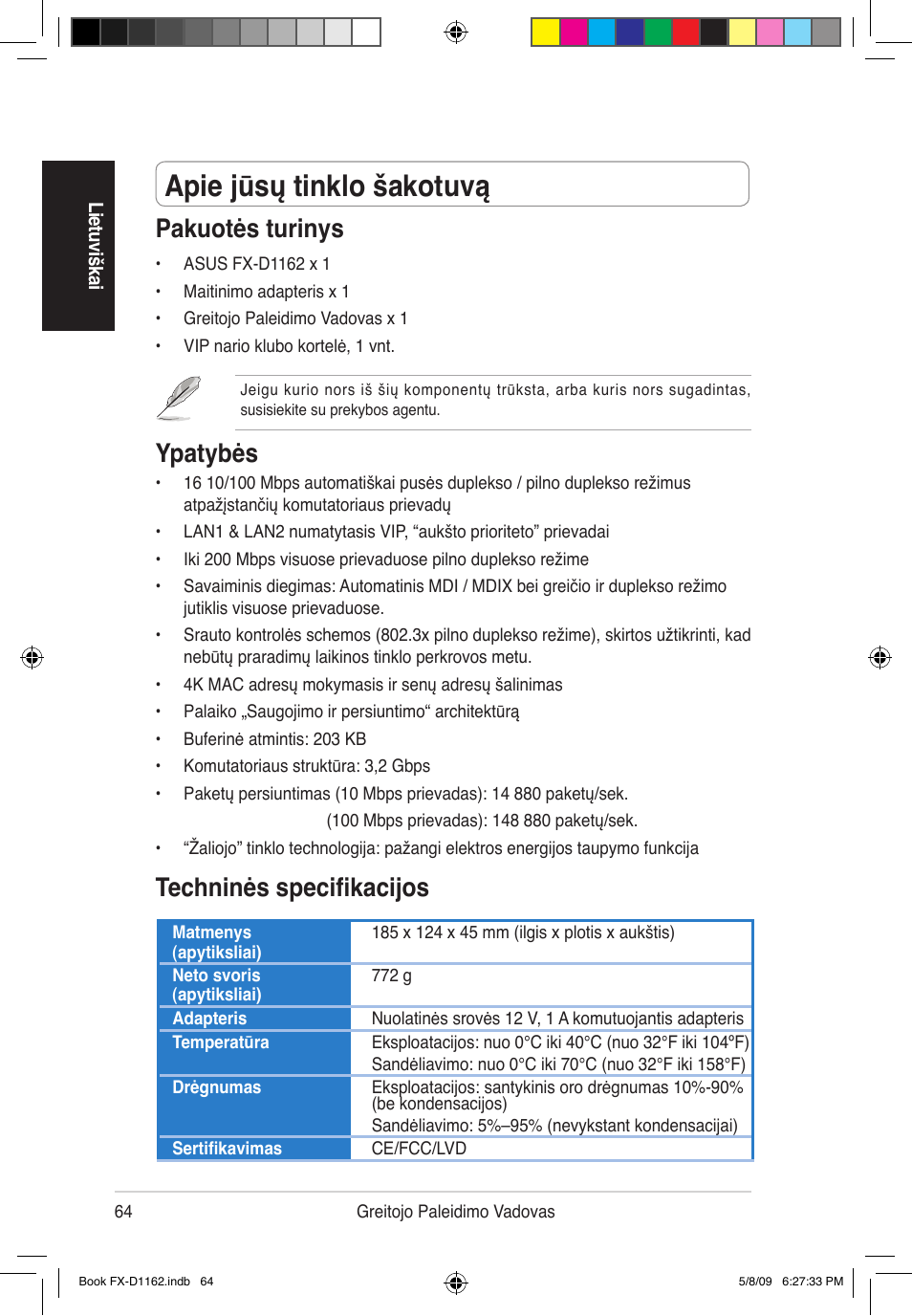 Apie jūsų tinklo šakotuvą, Pakuotės turinys, Ypatybės | Techninės specifikacijos | Asus FX-D1162 User Manual | Page 64 / 103