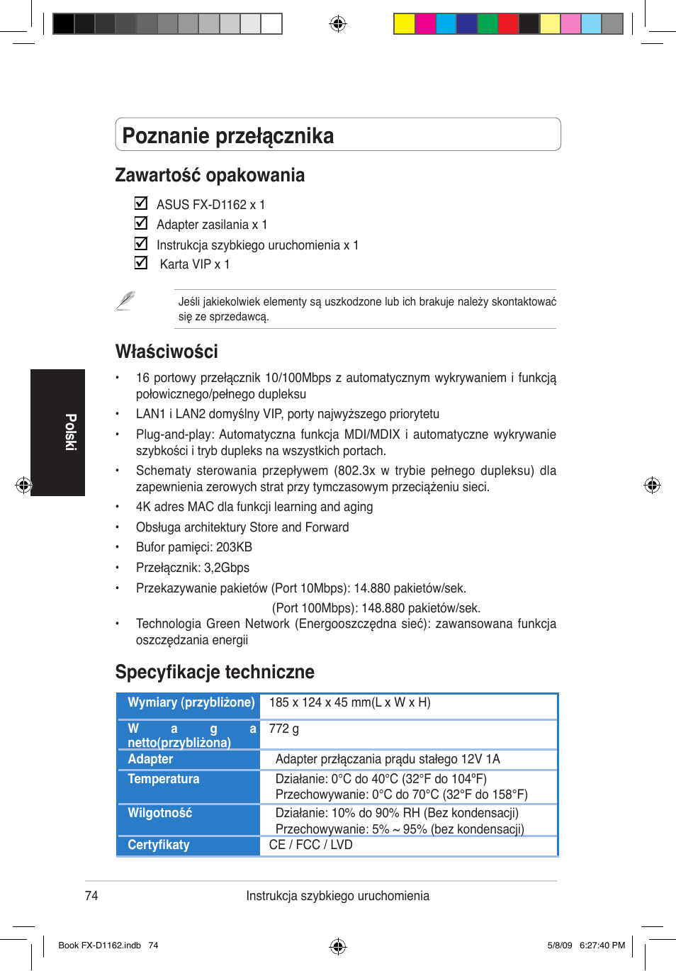 Poznanie przełącznika, Zawartość opakowania, Właściwości | Specyfikacje techniczne | Asus FX-D1162 User Manual | Page 69 / 103