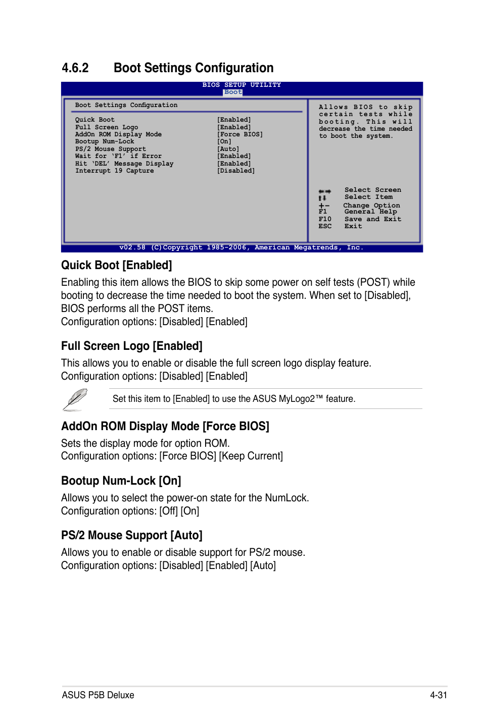 2 boot settings configuration, Quick boot [enabled, Full screen logo [enabled | Addon rom display mode [force bios, Bootup num-lock [on, Ps/2 mouse support [auto | Asus P5B Deluxe/WiFi-AP User Manual | Page 101 / 178