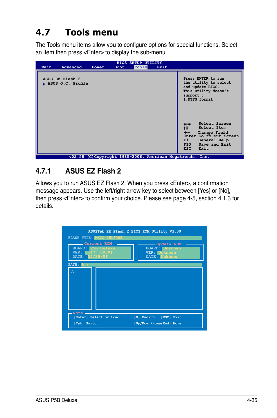 7 tools menu, 1 asus ez flash 2 | Asus P5B Deluxe/WiFi-AP User Manual | Page 105 / 178