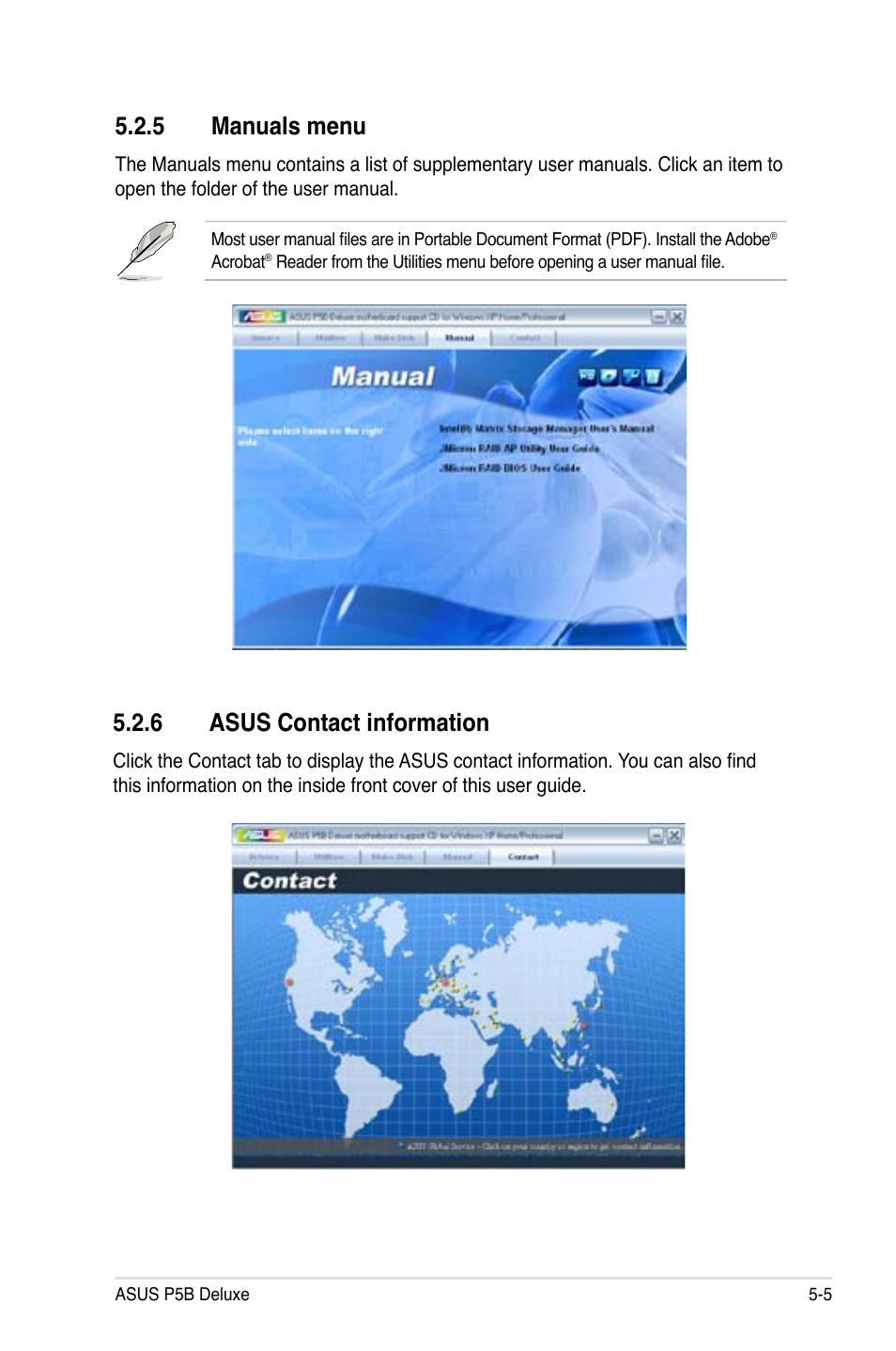 5 manuals menu, 6 asus contact information | Asus P5B Deluxe/WiFi-AP User Manual | Page 115 / 178