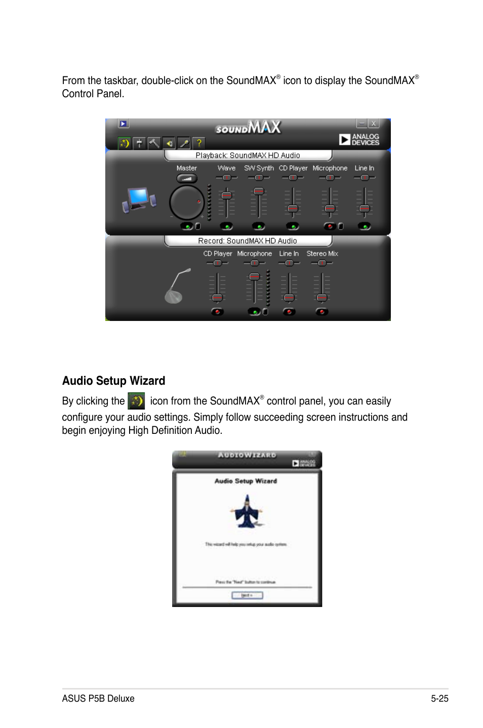 Audio setup wizard | Asus P5B Deluxe/WiFi-AP User Manual | Page 135 / 178