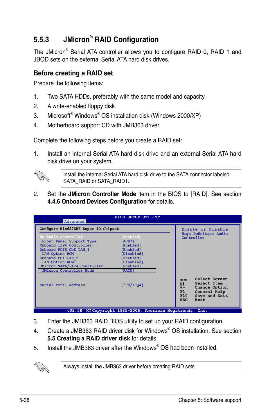 3 jmicron, Raid configuration, Before creating a raid set | The jmicron, Windows, Os had been installed | Asus P5B Deluxe/WiFi-AP User Manual | Page 148 / 178