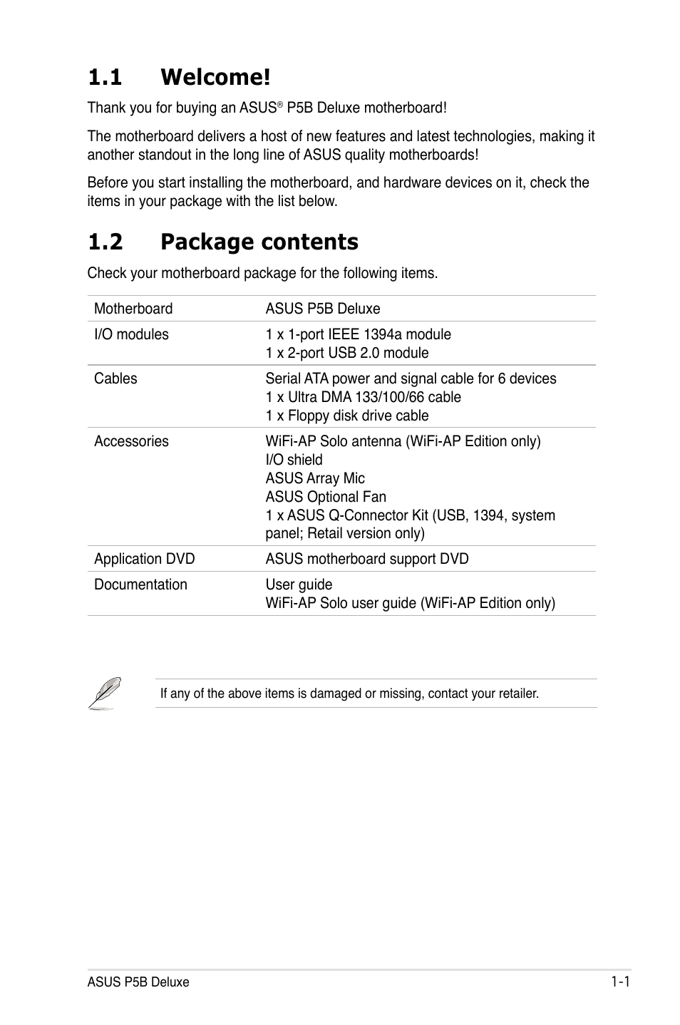 1 welcome, 2 package contents | Asus P5B Deluxe/WiFi-AP User Manual | Page 17 / 178