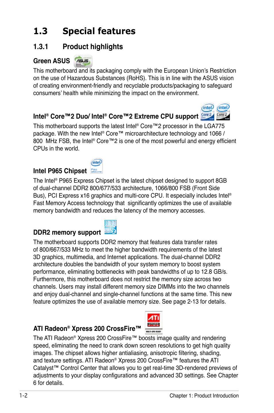 3 special features, 1 product highlights | Asus P5B Deluxe/WiFi-AP User Manual | Page 18 / 178