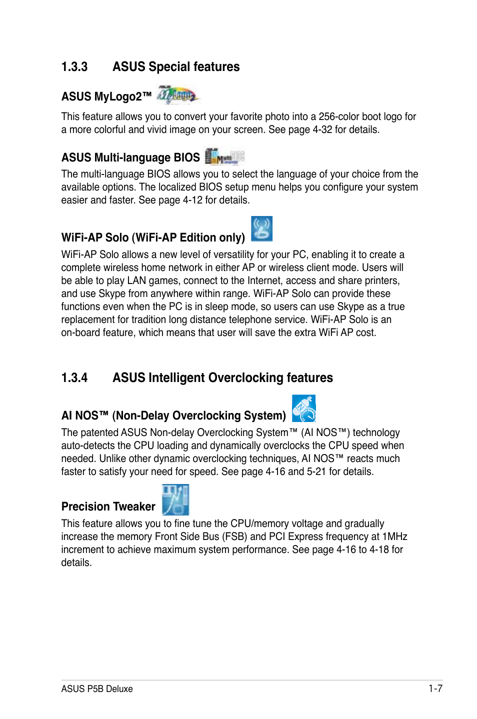 3 asus special features, 4 asus intelligent overclocking features | Asus P5B Deluxe/WiFi-AP User Manual | Page 23 / 178