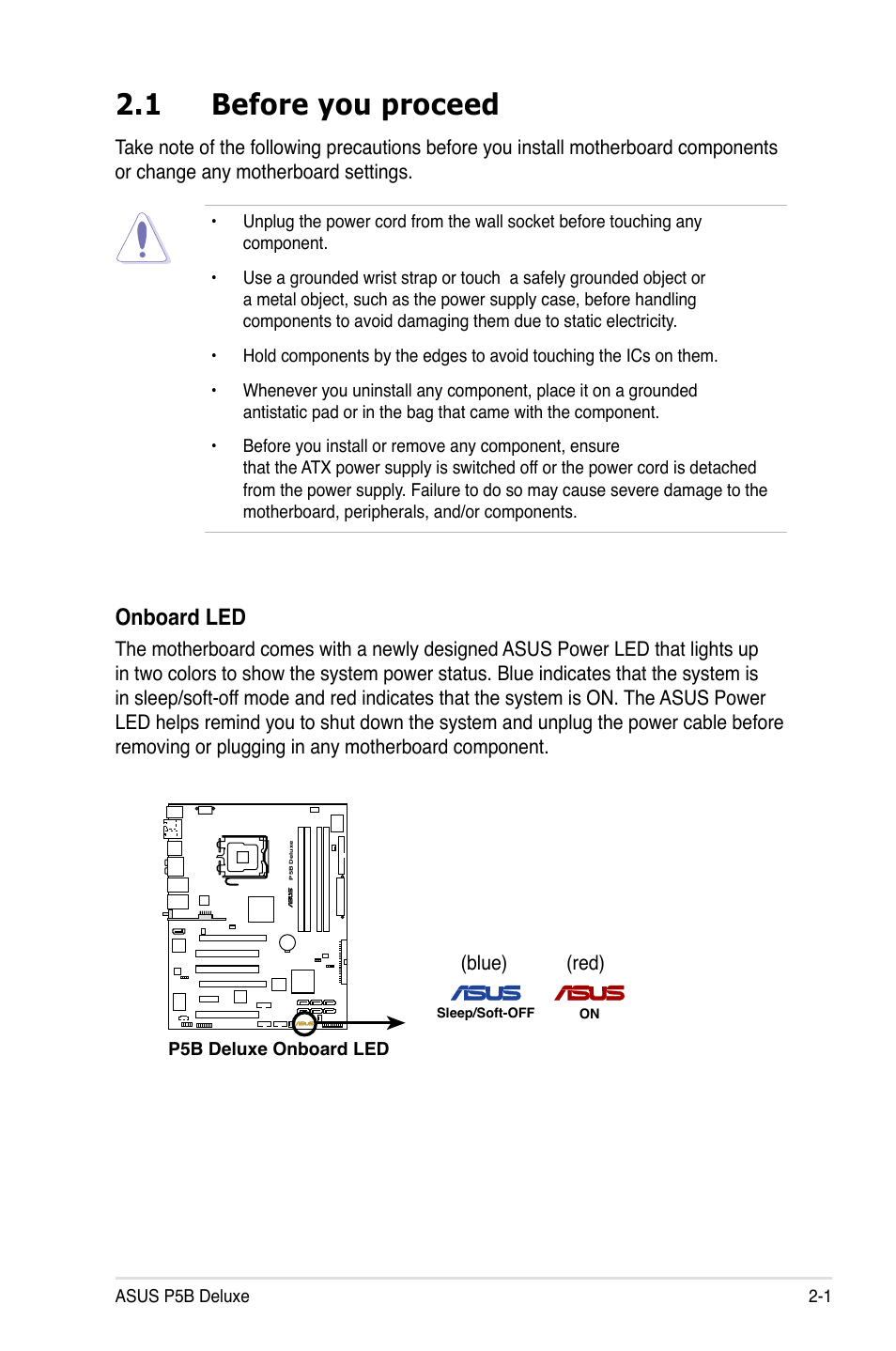 1 before you proceed, Onboard led | Asus P5B Deluxe/WiFi-AP User Manual | Page 27 / 178