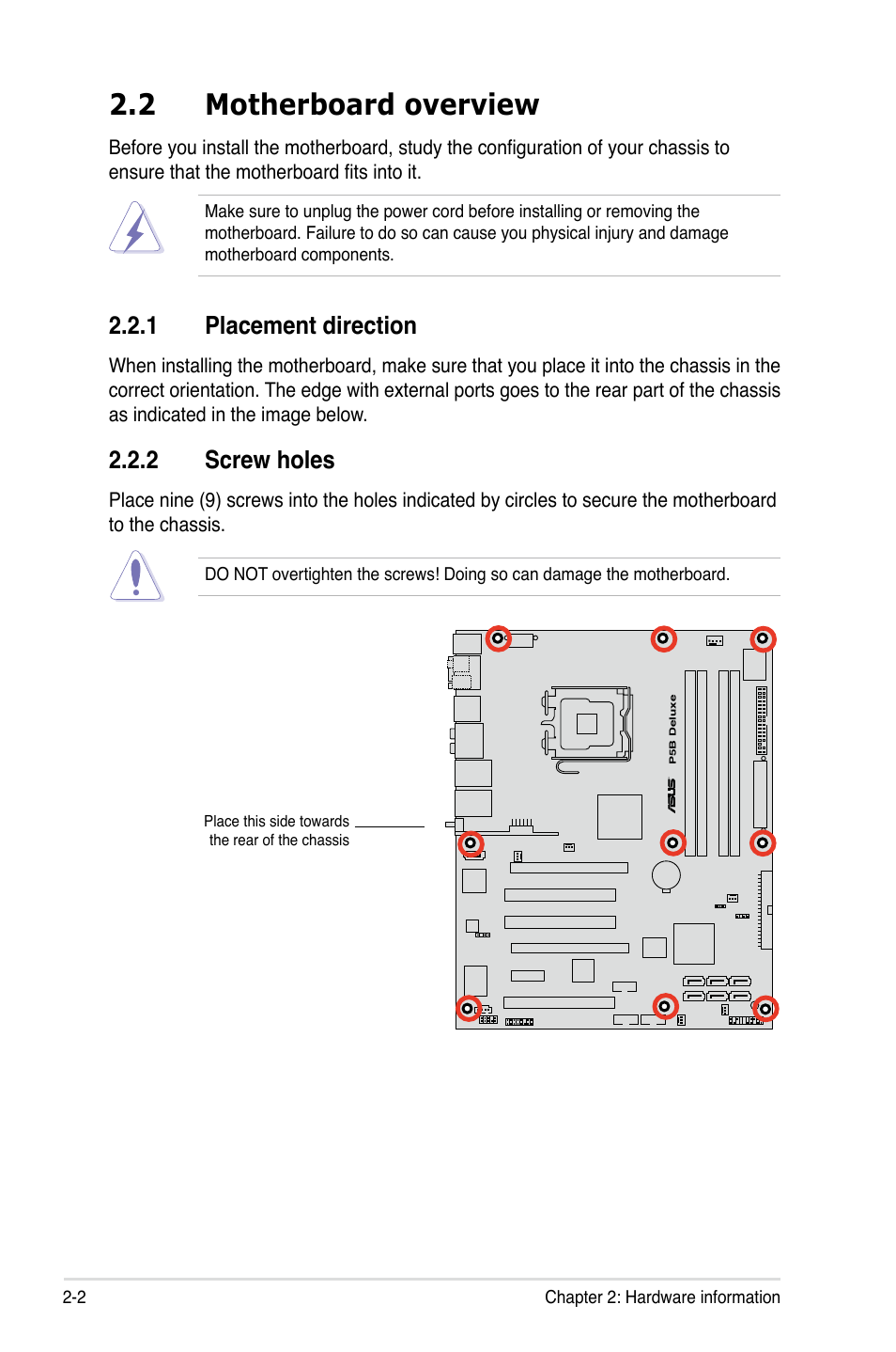 2 motherboard overview, 1 placement direction, 2 screw holes | Asus P5B Deluxe/WiFi-AP User Manual | Page 28 / 178