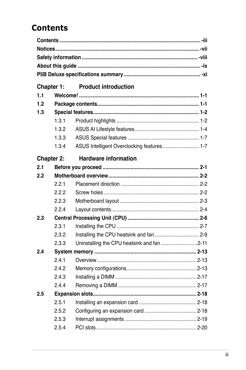 Asus P5B Deluxe/WiFi-AP User Manual | Page 3 / 178