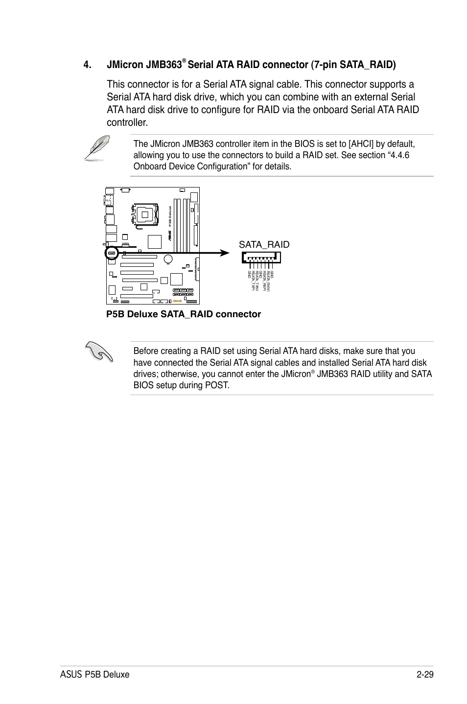 Jmicron jmb363, Asus p5b deluxe 2-29, P5b deluxe sata_raid connector sata_raid | Asus P5B Deluxe/WiFi-AP User Manual | Page 55 / 178