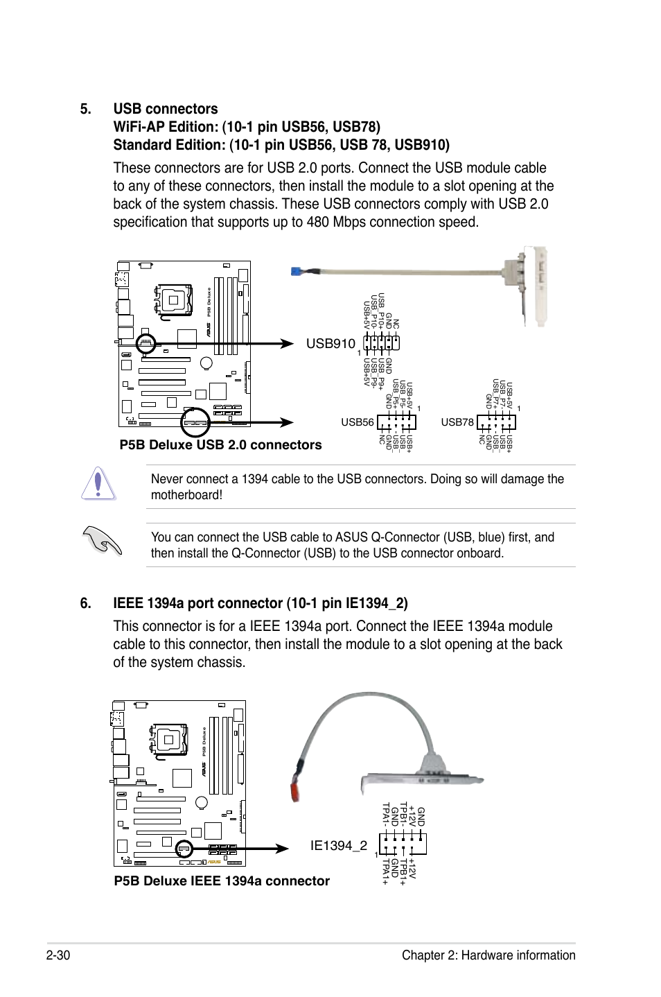 30 chapter 2: hardware information, P5b deluxe usb 2.0 connectors, Usb910 | Asus P5B Deluxe/WiFi-AP User Manual | Page 56 / 178