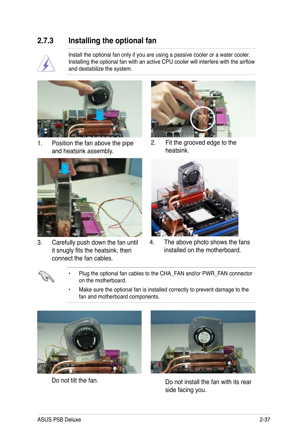 3 installing the optional fan | Asus P5B Deluxe/WiFi-AP User Manual | Page 63 / 178