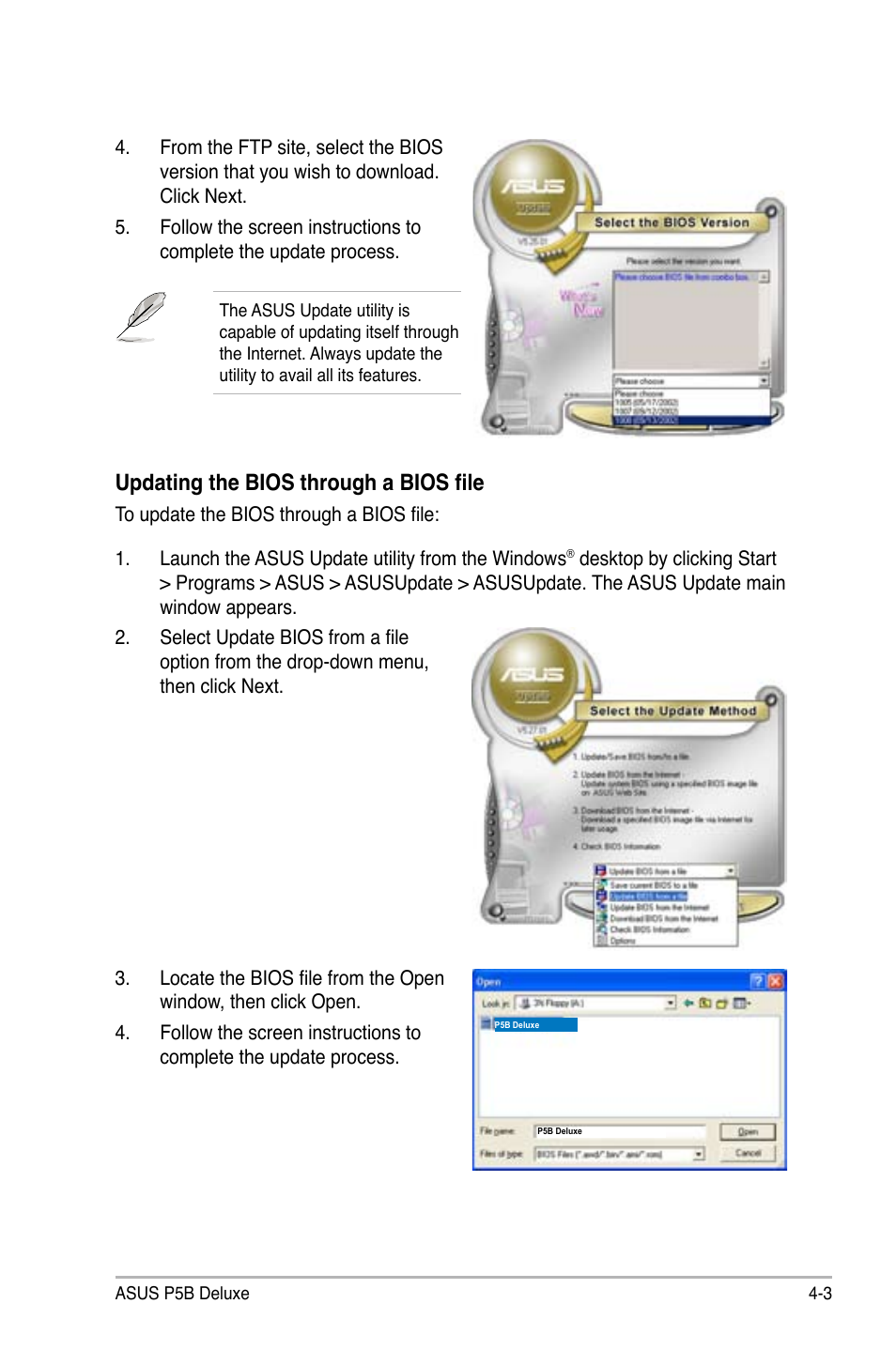 Updating the bios through a bios file | Asus P5B Deluxe/WiFi-AP User Manual | Page 73 / 178