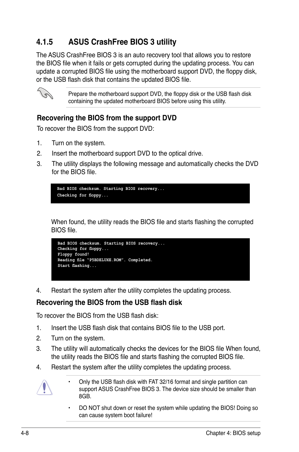 5 asus crashfree bios 3 utility, Recovering the bios from the support dvd, Recovering the bios from the usb flash disk | Asus P5B Deluxe/WiFi-AP User Manual | Page 78 / 178