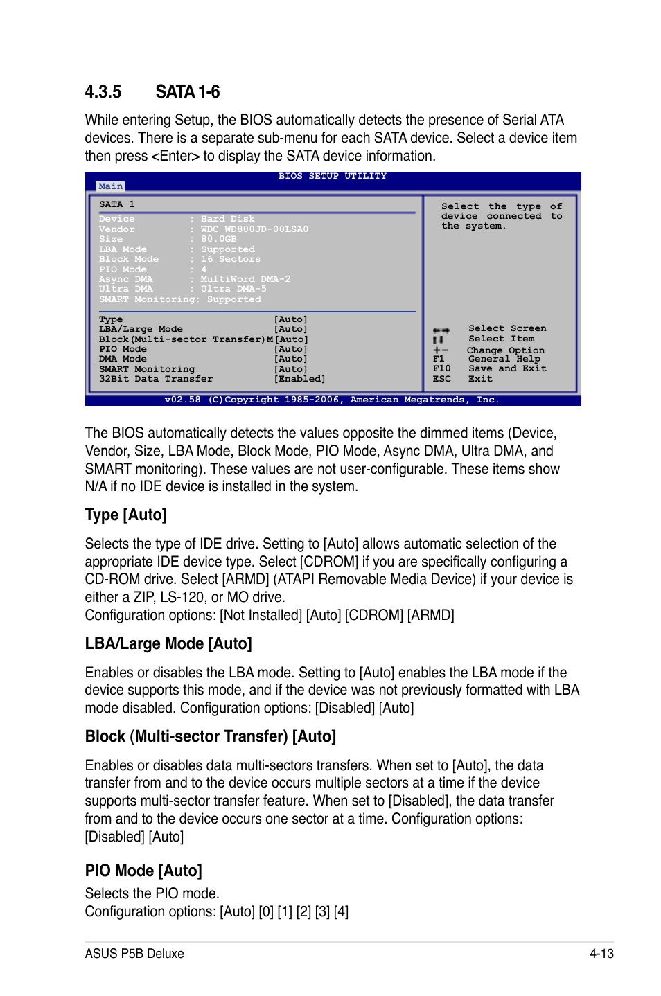 5 sata 1-6, Type [auto, Lba/large mode [auto | Block (multi-sector transfer) [auto, Pio mode [auto | Asus P5B Deluxe/WiFi-AP User Manual | Page 83 / 178