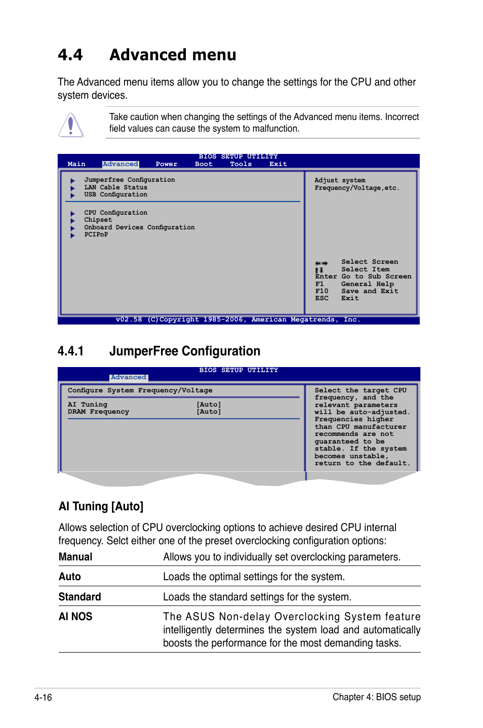 4 advanced menu, 1 jumperfree configuration, Ai tuning [auto | Asus P5B Deluxe/WiFi-AP User Manual | Page 86 / 178